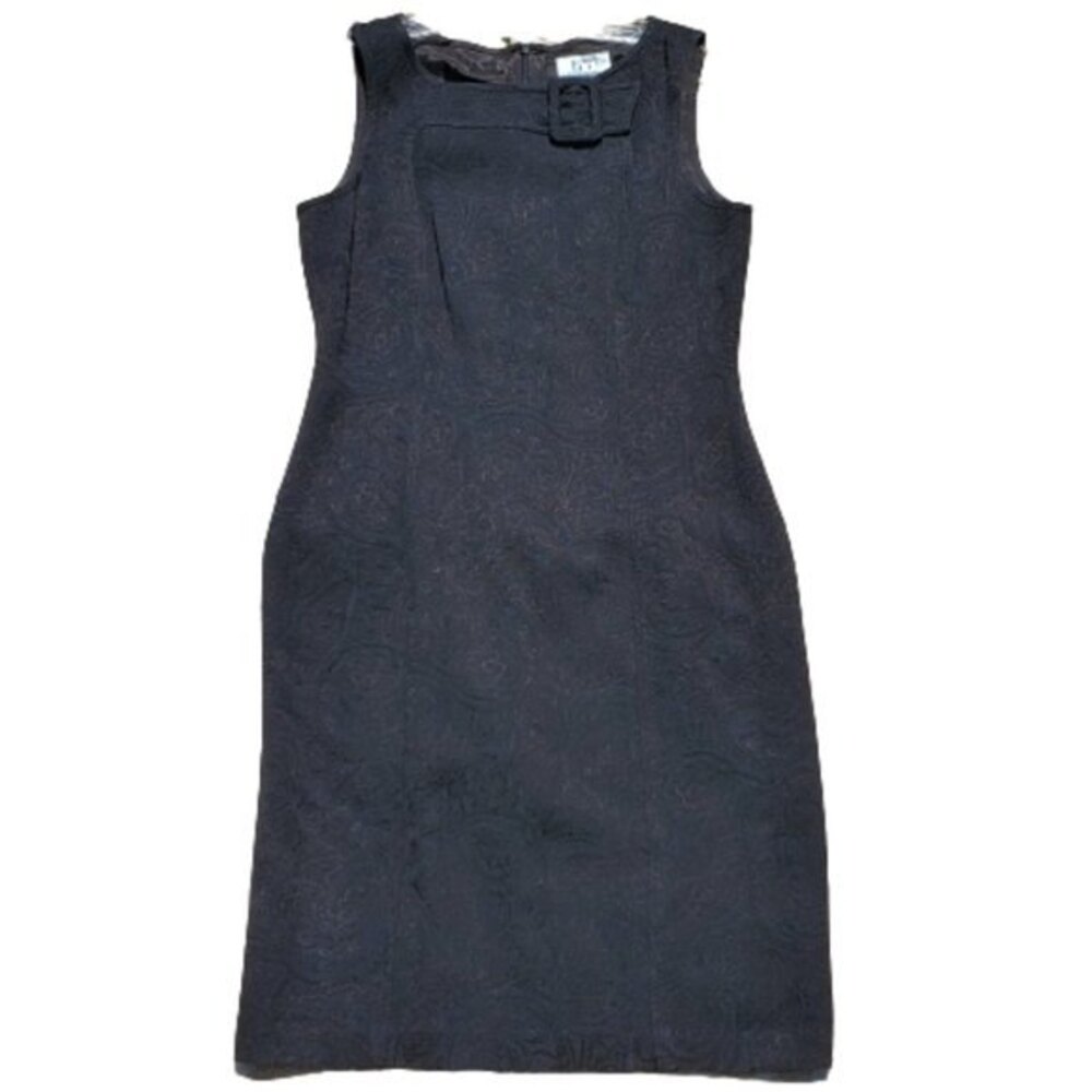 David Meister Black Brocade Sheath Dress Size 6 Paisley Buckle Accent Midi Lined